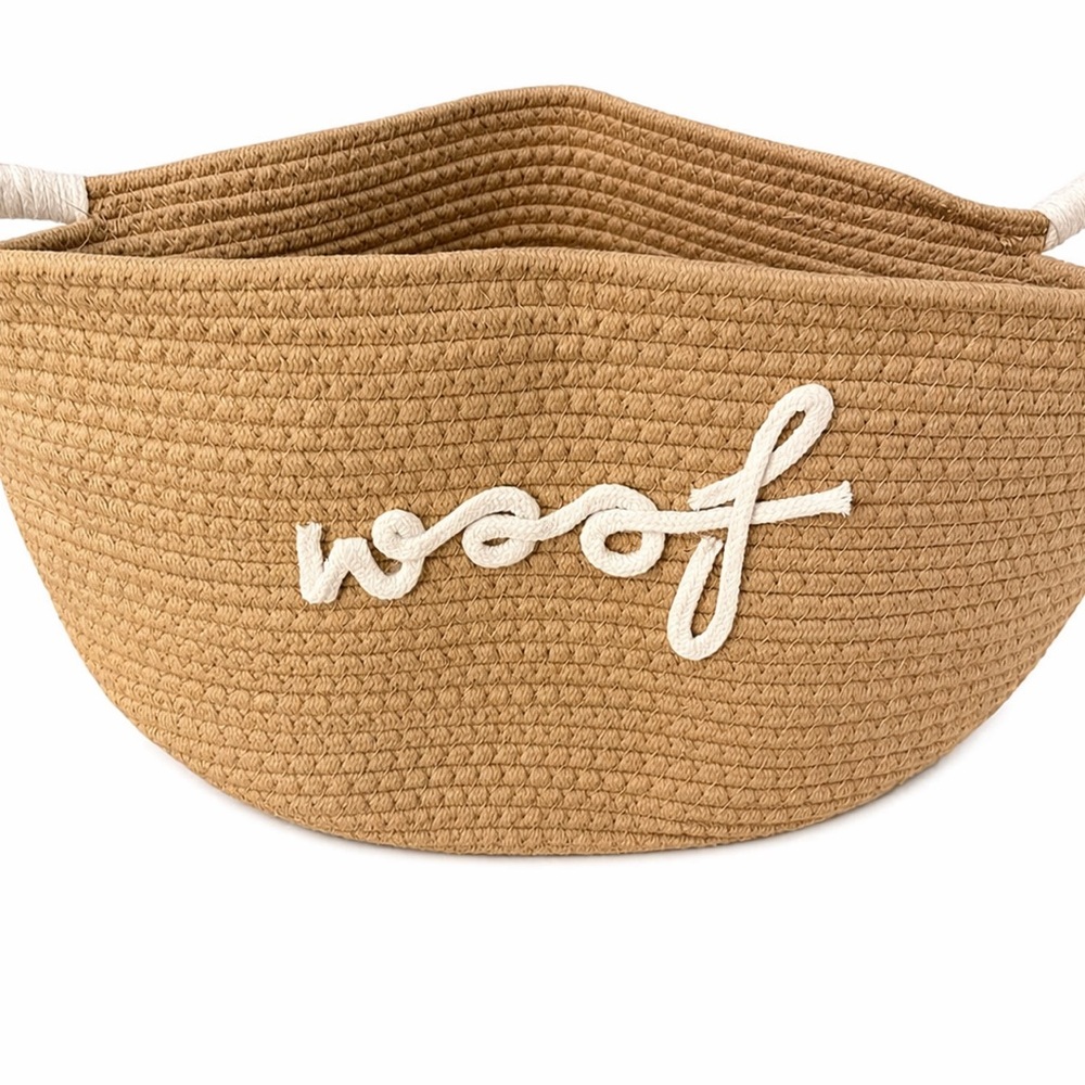 Woven Rope Storage Basket with 'woof' Embroidery - Tan